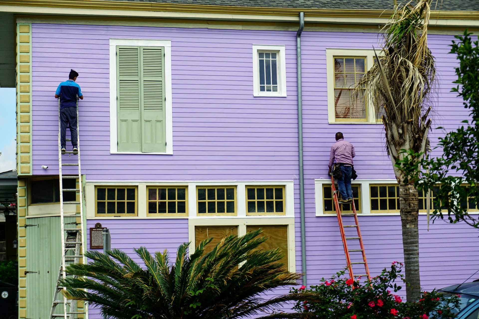 Two painters on ladders coating the weatherboards of a house.